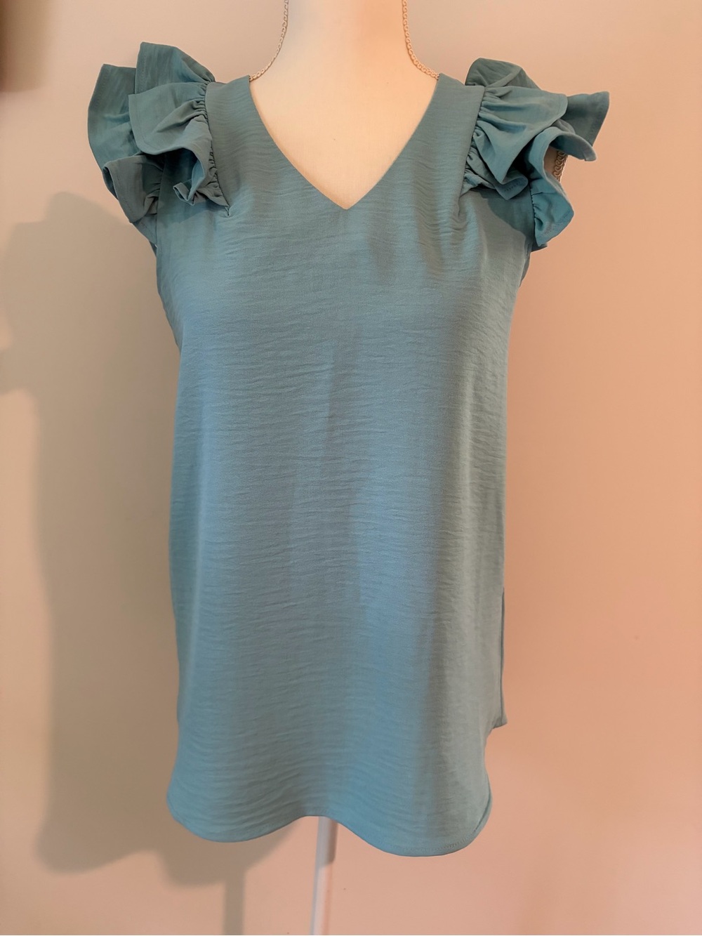 Zenana Outfitters Seafoam Blue Ruffle Sleeve V-Neck Top